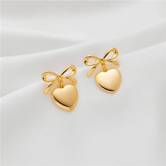 Gold Heart Earrings with Ribbon Studs – Cute & Hypoallergenic - Picture 1 of 4